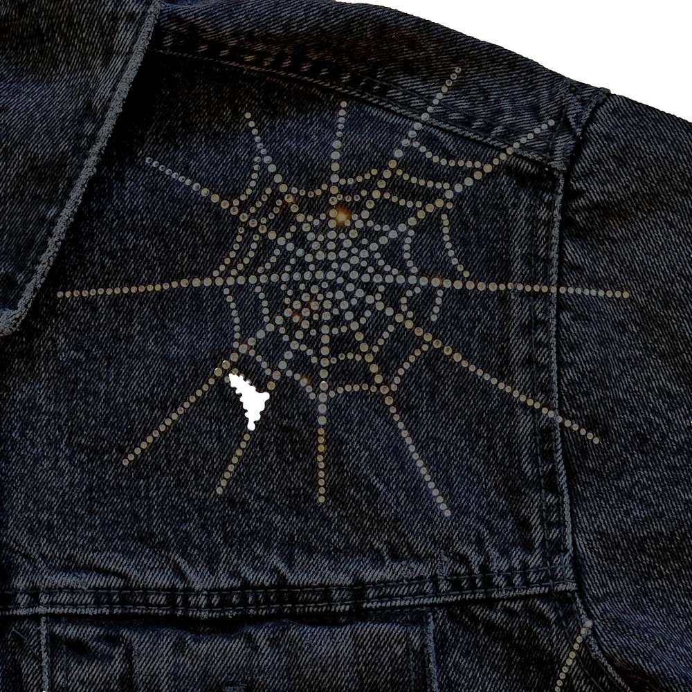 Zara Black Rhinestone Spiderweb Cropped Denim Jacket Goth Alt Y2K Medium - Picture 3 of 8